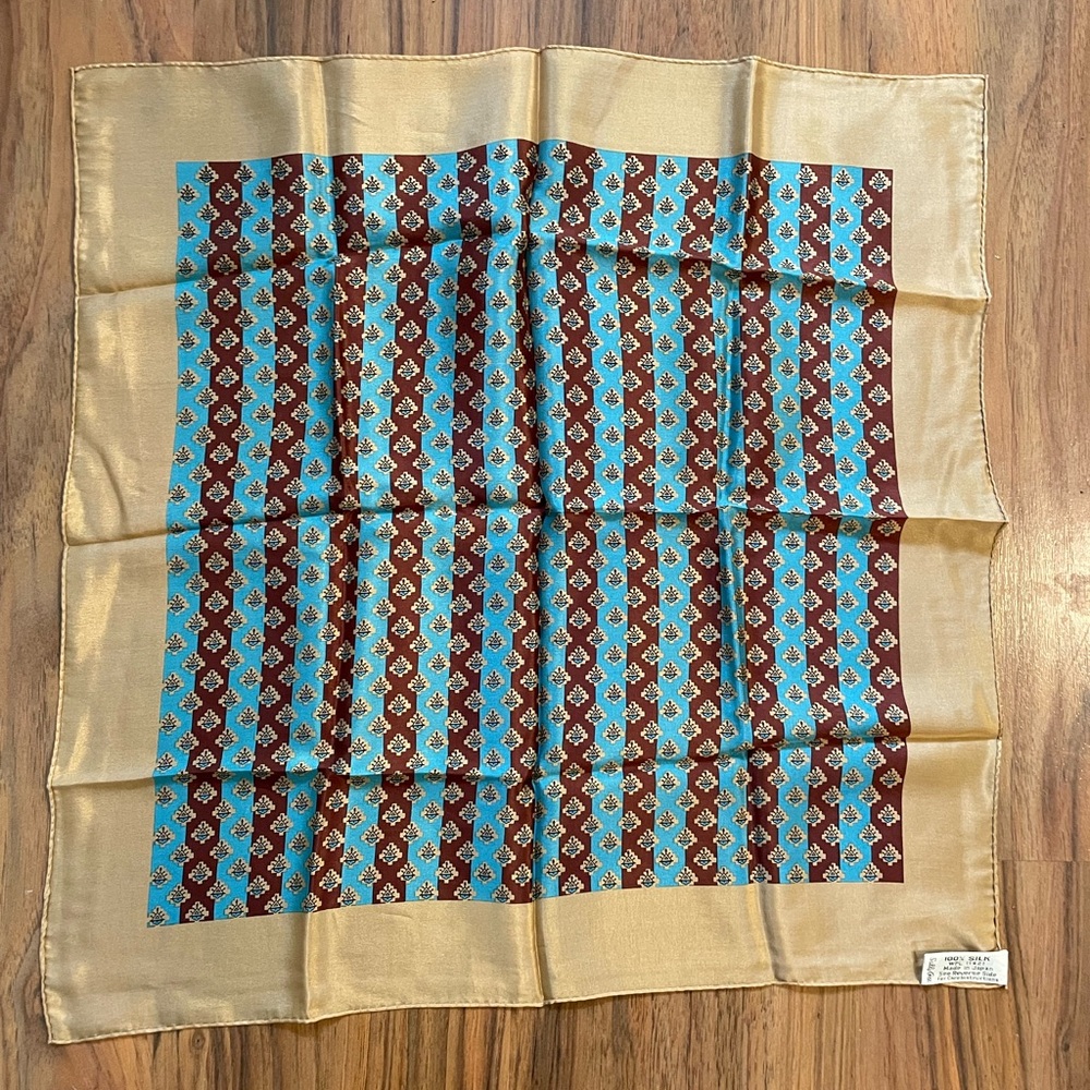 Vintage Sally Gee 100% Silk Brown Blue Scarf Made in Japan 22”